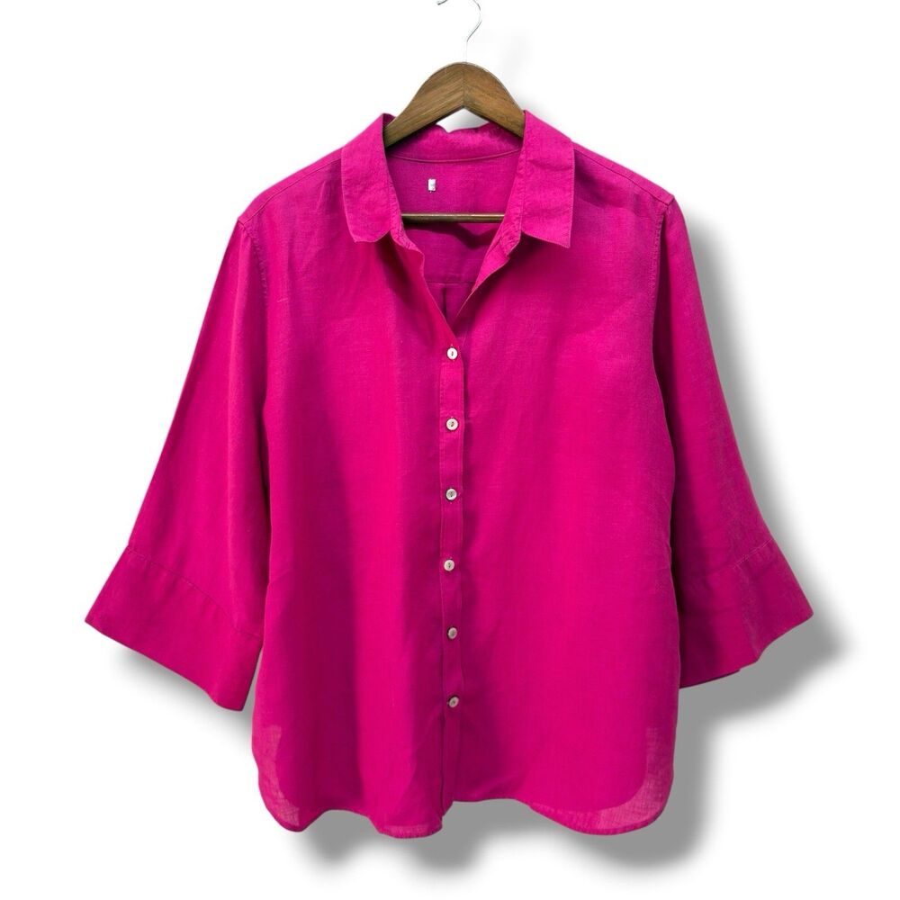 Chico's 100% Linen Button Up Shirt Size 3 / US 16 Pink Magenta 3/4 Sleeve Luxury